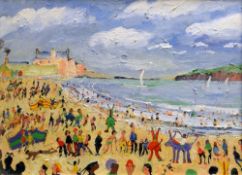 SIMEON STAFFORD oil on canvas - busy beach scene with children playing amongst a carnival atmosphere