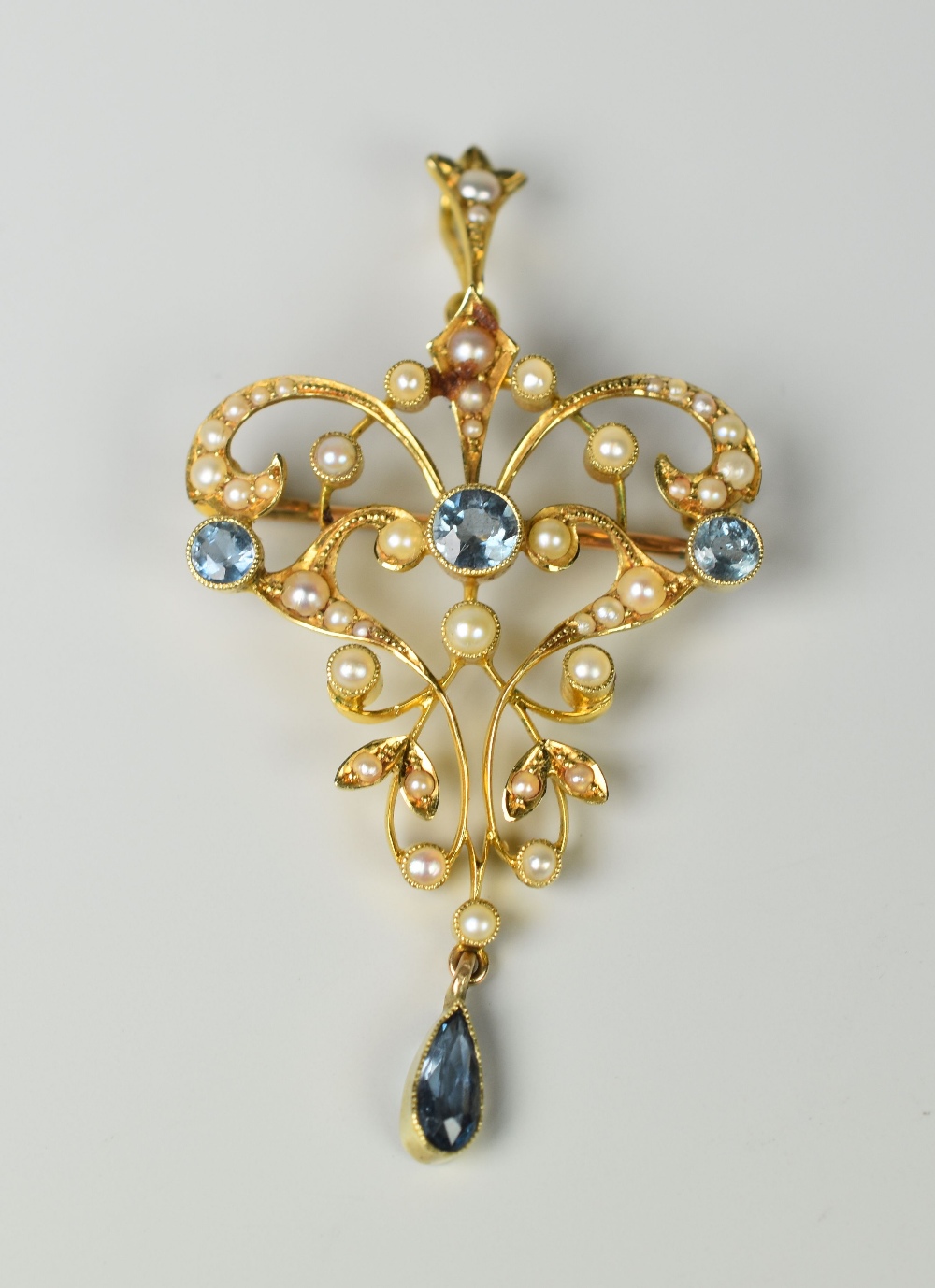 15CT GOLD EDWARDIAN AQUAMARINE & SEED PEARL OPENWORK PENDANT BROOCH in ...