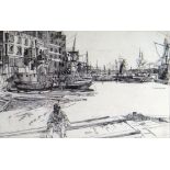JAMES ABBOTT McNEILL WHISTLER etching - Eagle Wharf with numerous boats & seated figure on a barge