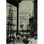 JAMES ABBOTT McNEILL WHISTLER etching - Rotherhithe with two sailing figures in the foreground under