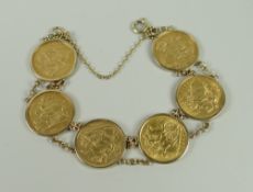 SIX GOLD HALF-SOVEREIGN MOUNTED YELLOW METAL BRACELET, 29grams approx.