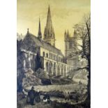 ASPINALL nineteenth century etching - Llandaff Cathedral with figures & gardeners, signed &