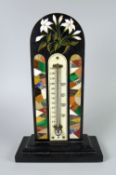 NINETEENTH CENTURY DERBYSHIRE BLACK MARBLE ARCH TOPPED DESK THERMOMETER inlaid with floral spray &