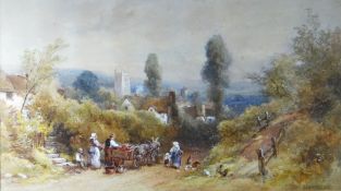 HENRY WHATLEY watercolour - pleasant village scene with lane, figures & cart bearing harvest,