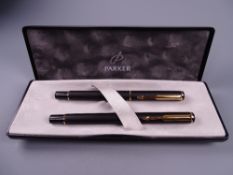 A MODERN MATT BLACK PARKER RIALTO FOUNTAIN PEN& BALLPOINT PEN SET with gold plated trim & nib, in