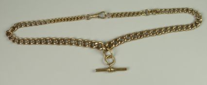 A 9CT GOLD GRADUATING WATCH-CHAIN with caribina & T-bar, 66.7grams approx.