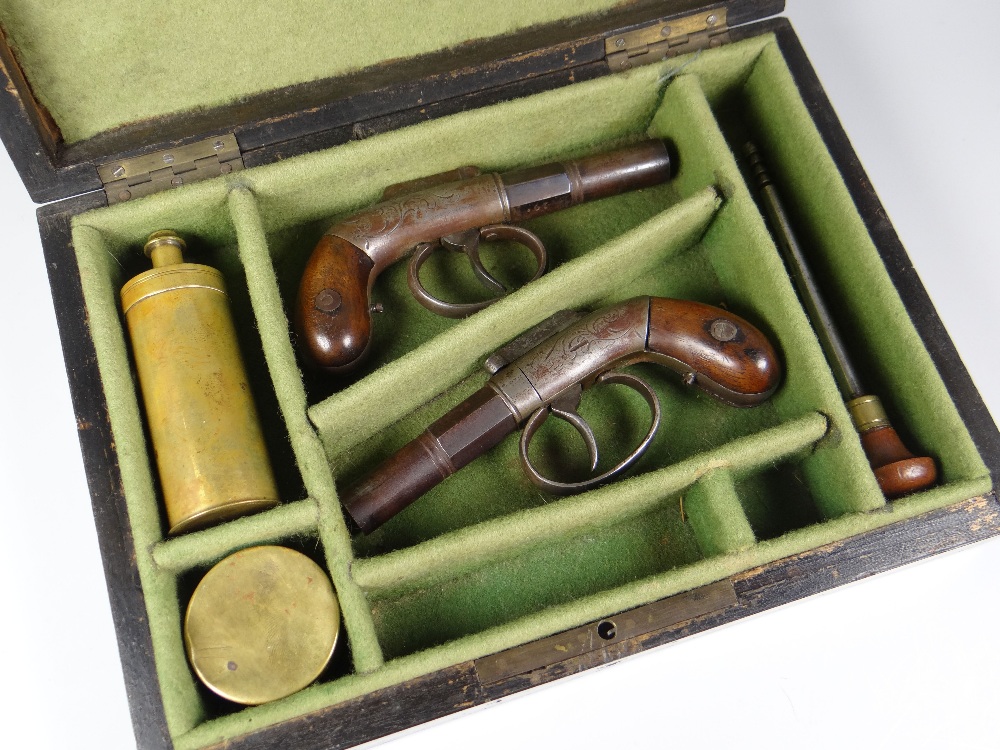 A CASED MATCHING PAIR OF 19TH CENTURY TRAVELLING PERCUSSION PISTOLS & ACCESSORIES the barrels - Image 2 of 3