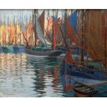 ARTHUR RADCLYFFE DUGMORE (American / Welsh, 1870-1955) oils on canvas - boats docked in harbour,