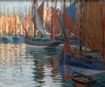 ARTHUR RADCLYFFE DUGMORE (American / Welsh, 1870-1955) oils on canvas - boats docked in harbour,