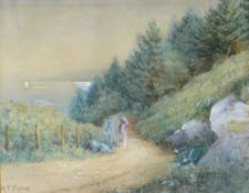 ALFRED THOMAS FISHER watercolour - two figures on a coastal path, St Ives, signed, 22 x 27cms