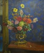 FRANCOIS LASKOWSKI oil on canvas - still life entitled 'Flowers on a Sideboard', with provenance