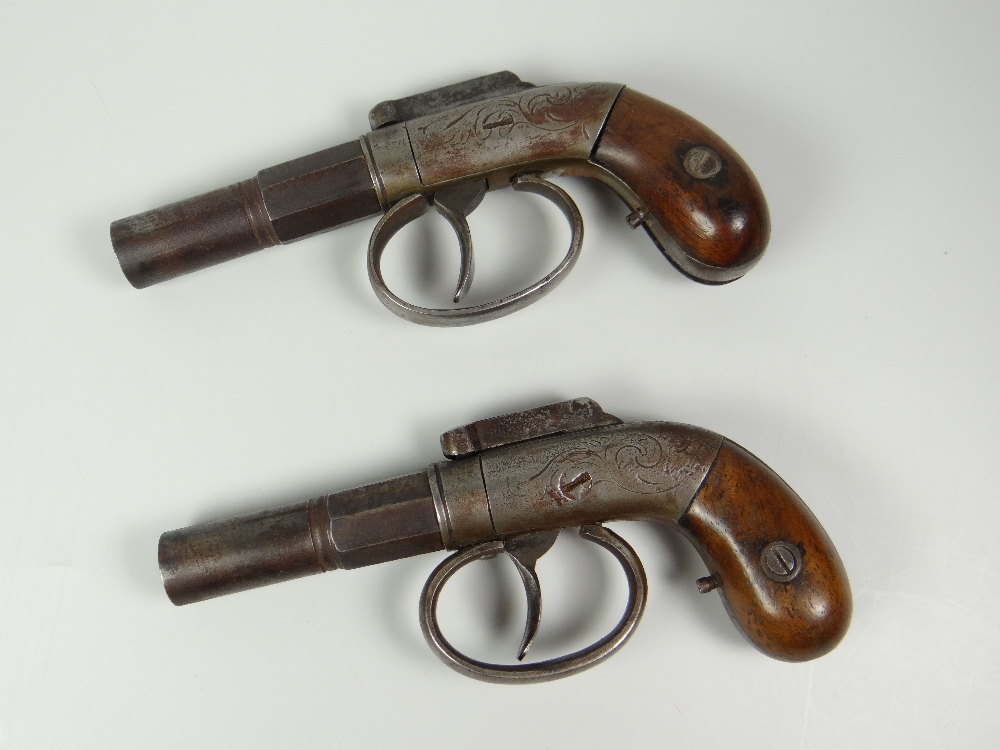 A CASED MATCHING PAIR OF 19TH CENTURY TRAVELLING PERCUSSION PISTOLS & ACCESSORIES the barrels