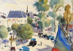 NADIA BENOIS (1896-1975) watercolour with pencil - a French street scene with figures titled '