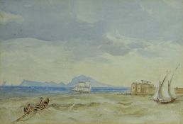J LLOYD OF RAGUT early watercolour - coastal scene with castellated building & distant mountains &