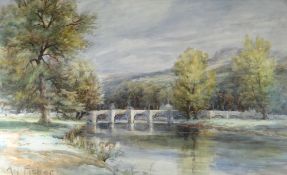 ALFRED THOMAS FISHER watercolour - Abergavenny bridge in summer, signed, 46 x 73cms