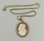 A 9CT YELLOW GOLD FRAME PORTRAIT CAMEO on 9ct fine necklace, 5grams approx.