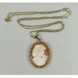 A 9CT YELLOW GOLD FRAME PORTRAIT CAMEO on 9ct fine necklace, 5grams approx.