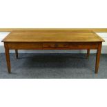 MID-NINETEENTH CENTURY FRUIT WOOD FARMHOUSE TABLE with drawers raised on square tapering legs, 198 x