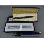 FOUR SHEAFFER PENS including Targa fountain pen, boxed Sentinel ballpoint pen engraved with '