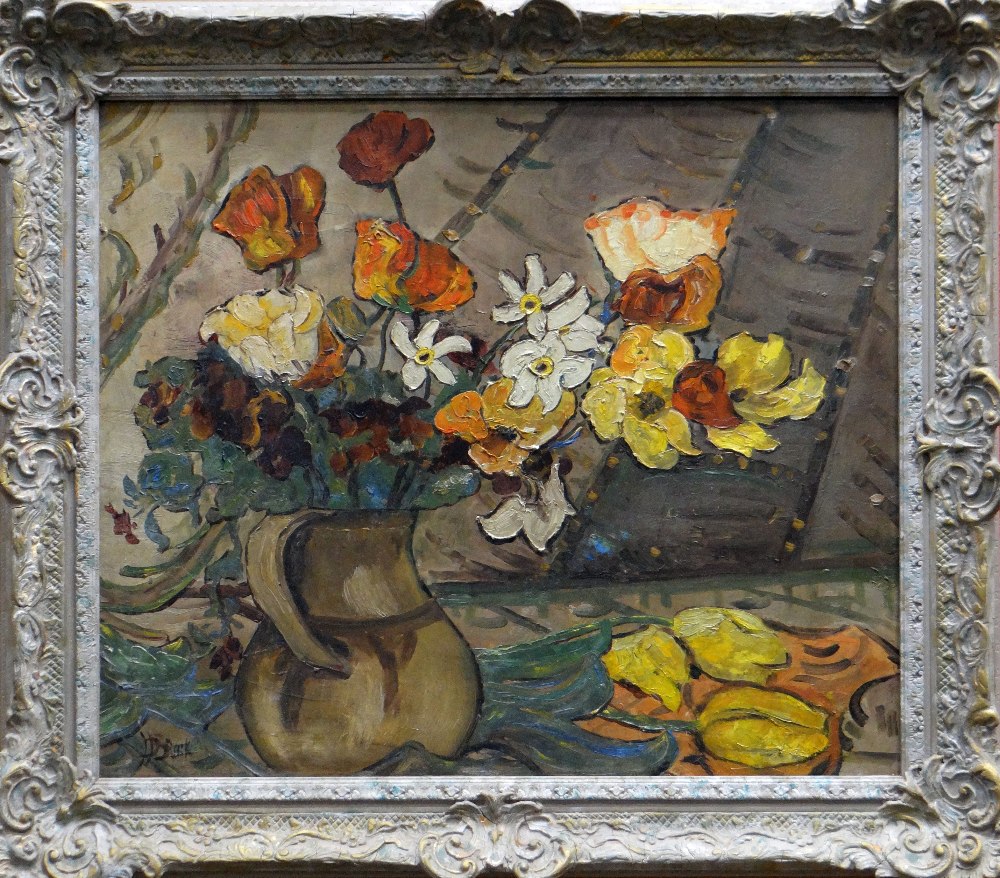 BLACK oil on board - good colourful still-life of flowers in a jug, indistinctly signed (possibly - Image 2 of 2
