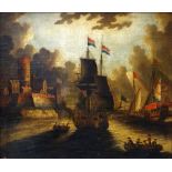 SCHOOL OF VAN DER VELDE oil on canvas - Continental harbour scene with warships etc, 46 x 54cms