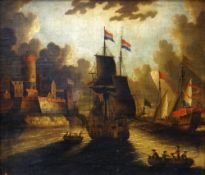 SCHOOL OF VAN DER VELDE oil on canvas - Continental harbour scene with warships etc, 46 x 54cms