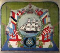 VICTORIAN EMBROIDERED PANEL depicting Crimean three mast war ship within wreath, having crown & flag