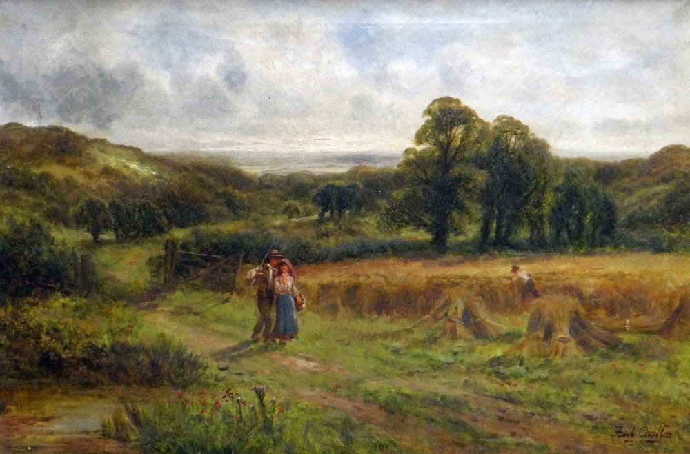 FRED CARLTON (British 19th Century) oil on canvas - figures walking in a hayfield, signed bottom