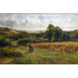 FRED CARLTON (British 19th Century) oil on canvas - figures walking in a hayfield, signed bottom
