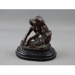 AFTER CHRISTOPHE FRATIN BRONZE MODEL OF A DOG scratching an itch, on a stepped oval marble base,