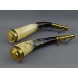 A MATCHING PAIR OF HORN SHOT FLASKS, brass mounted, 19th Century, one with engraved markings,