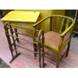 A CHILD'S VINTAGE SCHOOL DESK, a standing towel rail, a bow back armchair and a single splatback