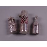 A SILVER & RUBY GLASS PERFUME CONTAINER, the body with lattice work and with a hinged lid (no