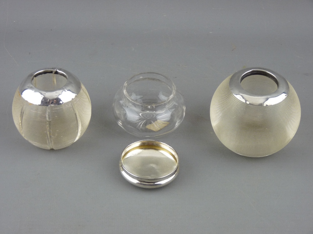 TWO GLOBULAR GLASS MATCH STRIKERS with silver rims and a small dressing table glass pot with Chester - Image 2 of 2