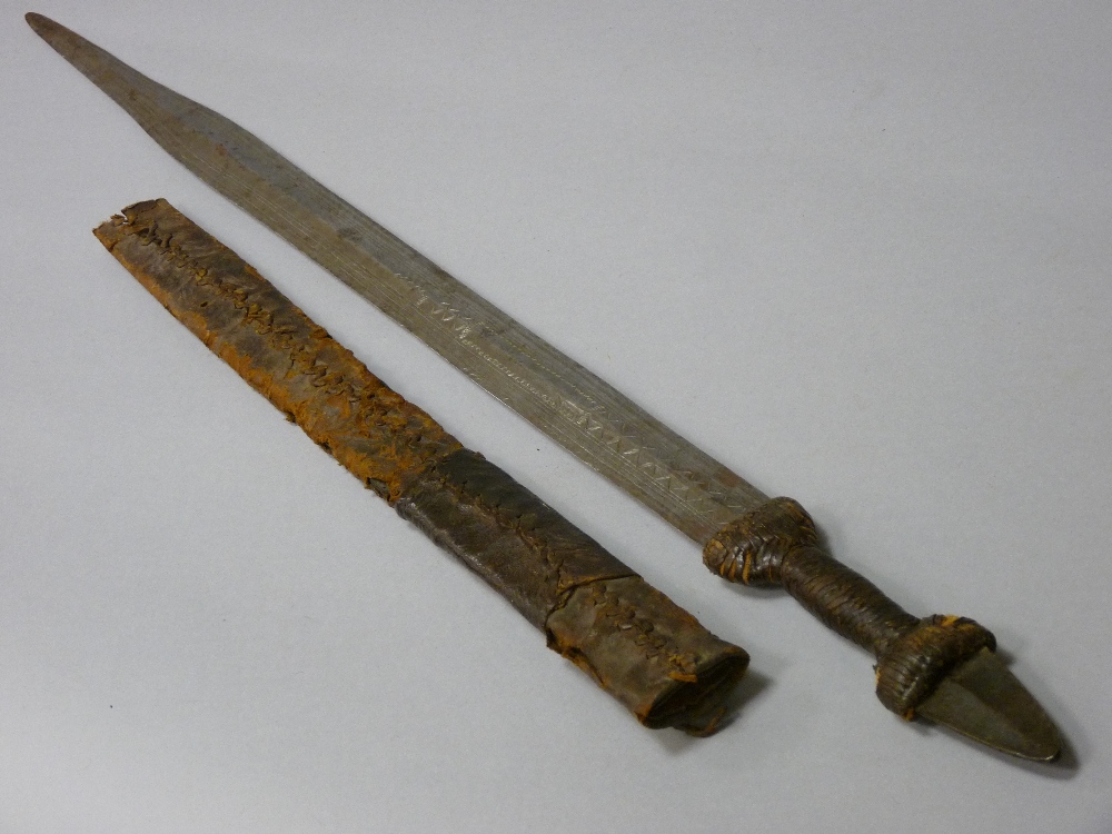 FOUR VINTAGE & REPRODUCTION SWORDS including an African tribal sword with bound grip and leather - Image 13 of 14