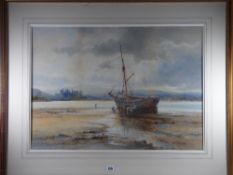 EMIL AXEL KRAUSE watercolour - Conwy Town and Castle from the Deganwy side with beached fishing