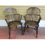 A PAIR OF ELM WINDSOR SPINDLEBACK ARMCHAIRS with pierced splatback and crinoline stretchers, 87