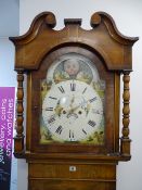A 19th CENTURY OAK & MAHOGANY LONGCASE CLOCK with painted arched moon phase dial and bell strike