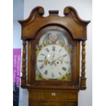 A 19th CENTURY OAK & MAHOGANY LONGCASE CLOCK with painted arched moon phase dial and bell strike