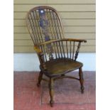 A GOOD ELM & YEW WOOD WINDSOR ARMCHAIR, tall spindle and pierced splatback with crinoline stretcher,