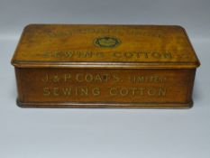 J & P COATES LTD MAHOGANY TWO DRAWER SHOP ADVERTISING BOX for sewing cottons, 16.25 cms high, 55.5