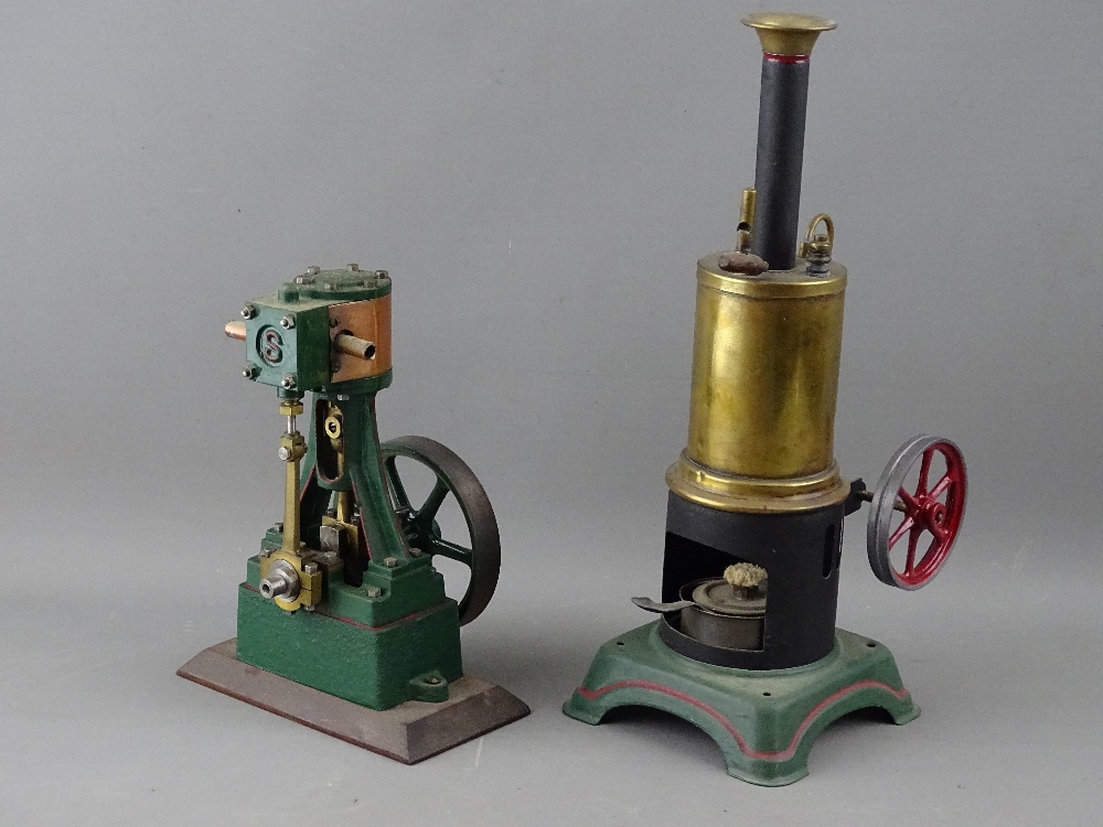 TWO VERTICAL LIVE STEAM PISTON ENGINES including a vintage Stewart 10V in green and red livery,