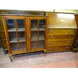 A VICTORIAN INLAID MAHOGANY BUREAU BOOKCASE with Sheraton fan detail and boxwood stringing and