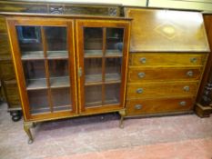 A VICTORIAN INLAID MAHOGANY BUREAU BOOKCASE with Sheraton fan detail and boxwood stringing and