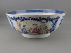 A 19th CENTURY CHINESE EXPORT PORCELAIN BOWL having blue and white cartouche panels of people