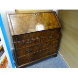 A LATE 18th CENTURY WALNUT FALL FRONT BUREAU with interior drop down well and fitted arrangement