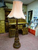 A SUPERB CARVED MAHOGANY STANDARD LAMP, the substantial base with turned and acanthus leaf