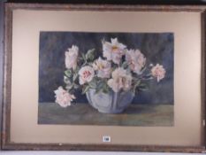 E M SAVILLE watercolour - still life roses in a blue vase on a table, signed, 38 x 56 cms