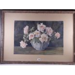 E M SAVILLE watercolour - still life roses in a blue vase on a table, signed, 38 x 56 cms