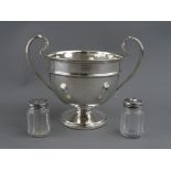 A SILVER TWIN HANDLED PEDESTAL SUGAR BOWL, maker Sir John Bennett Ltd, London 1932, 4 troy ozs and a